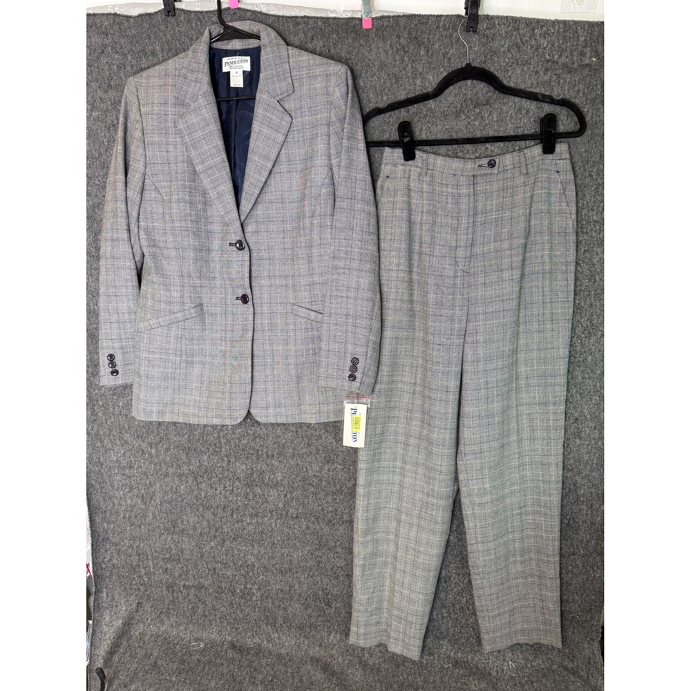 Pendleton Womens Grey Plaid 100% Virgin Wool Pant Suit Blazer Set USA Made NEW